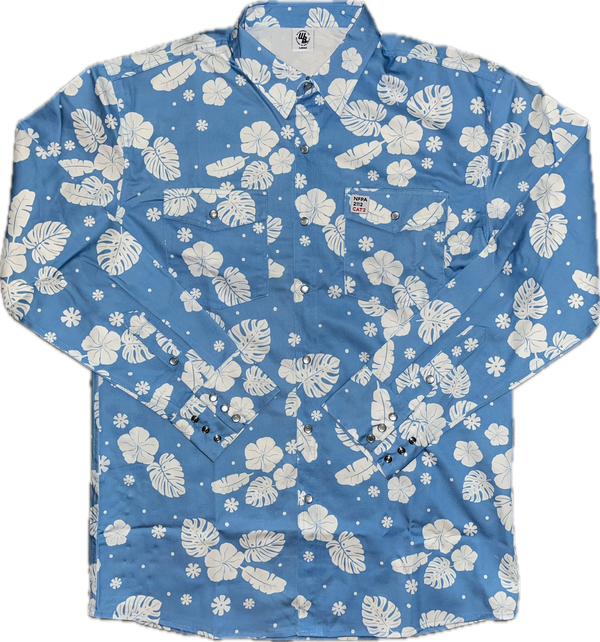 Blue shirt with white floral pattern on a white background