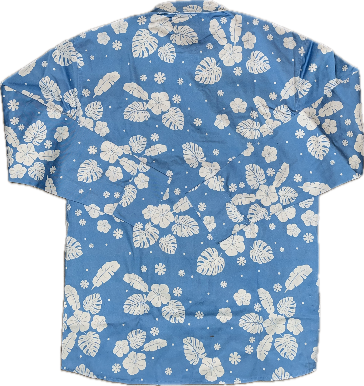 Blue shirt with white floral pattern on a white background