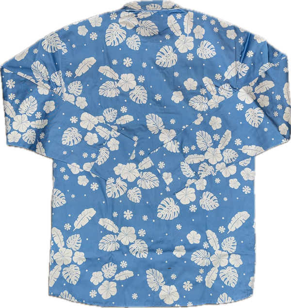 Blue shirt with white floral pattern on a white background