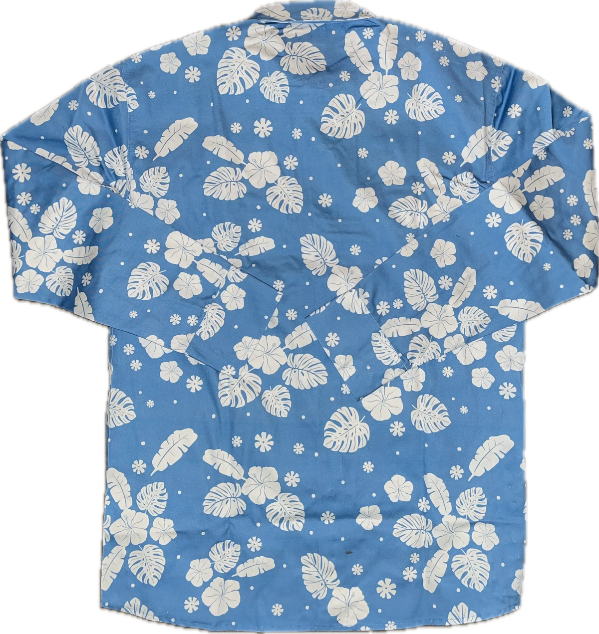Blue shirt with white floral pattern on a white background