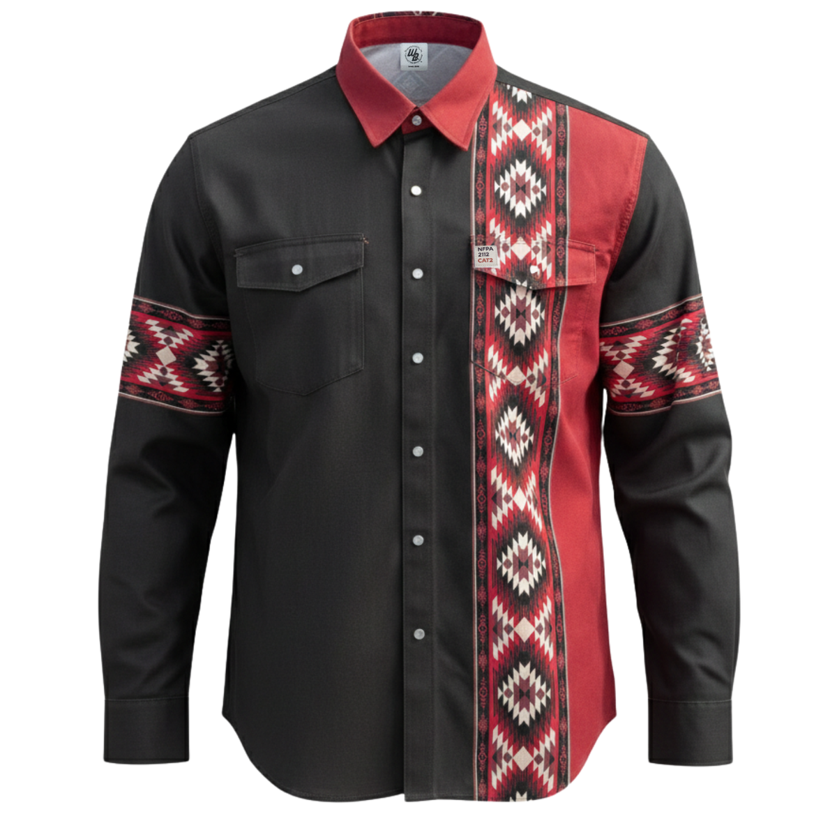 Cotton FR Work shirt in Black with red and patterned sleeves on a white background