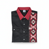 Black shirt with red collar and patterned sleeve on a white background