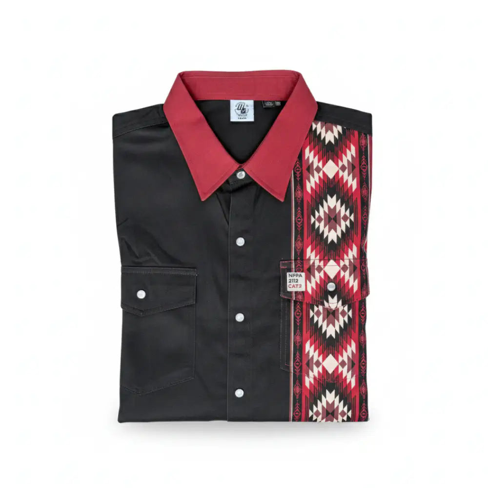 Black shirt with red collar and patterned sleeve on a white background