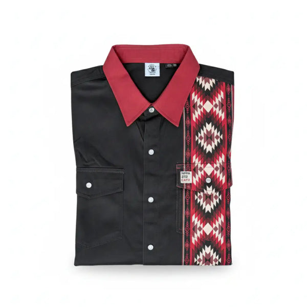 Black shirt with red collar and patterned sleeve on a white background