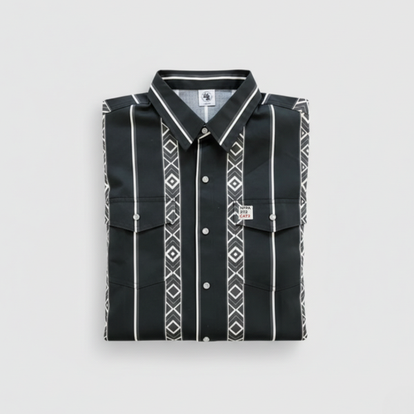 A folded black long-sleeve button-up shirt with white vertical stripes and geometric diamond patterns, displayed on a light gray background.