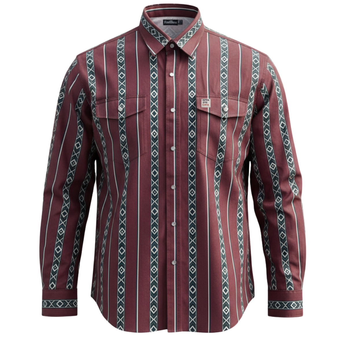 Maroon patterned FR cotton wortk shirt on a white background