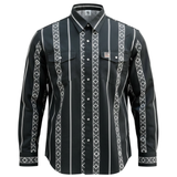 Black FR Cotton Workshirt with white geometric patterns on a white background