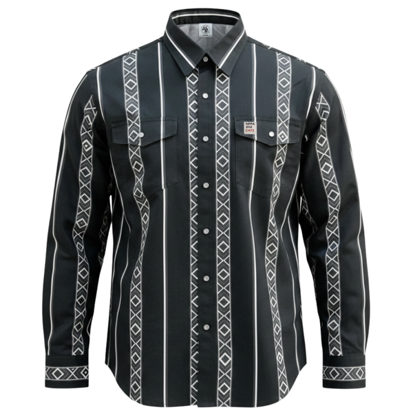 Black FR Cotton Workshirt with white geometric patterns on a white background