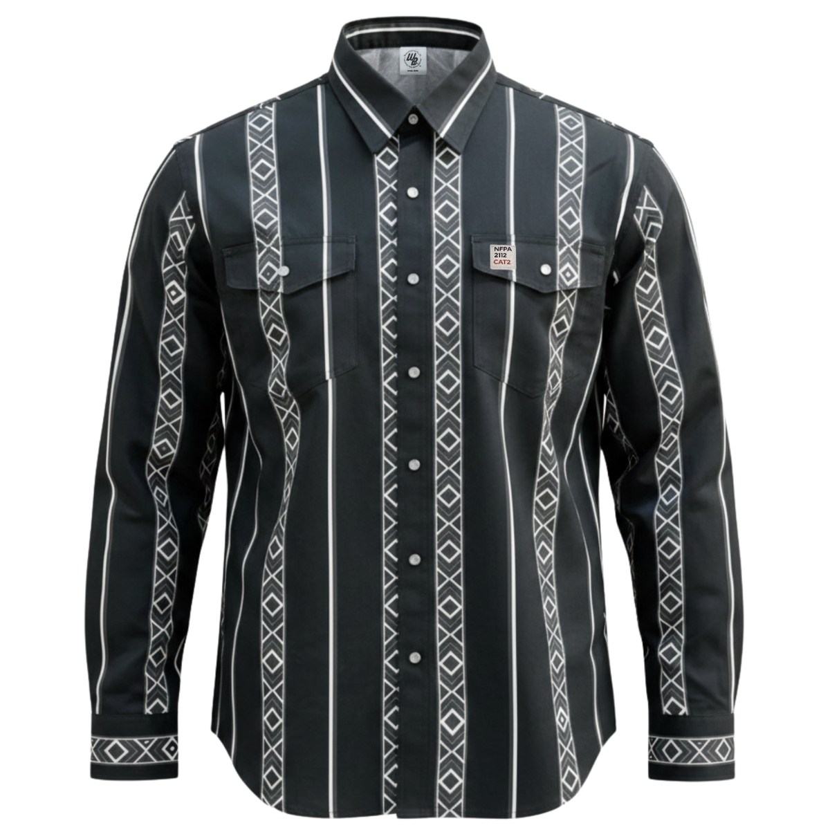 Black FR Cotton Workshirt with white geometric patterns on a white background