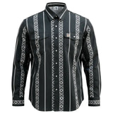 Black FR Cotton Workshirt with white geometric patterns on a white background