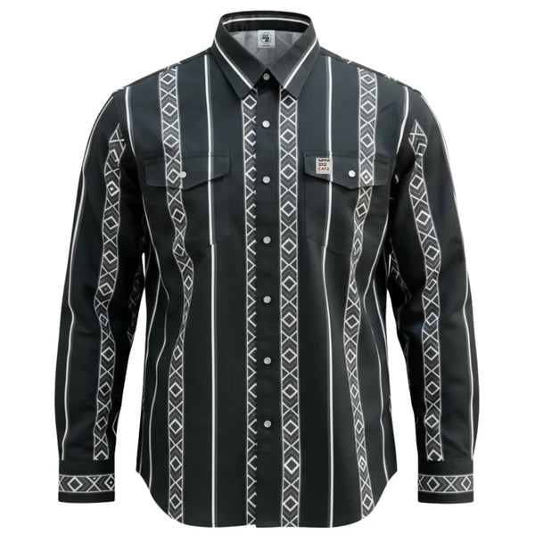 Black FR Cotton Workshirt with white geometric patterns on a white background