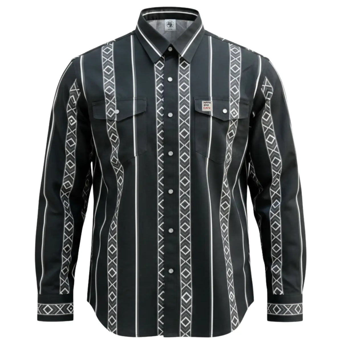 Black FR Cotton Workshirt with white geometric patterns on a white background