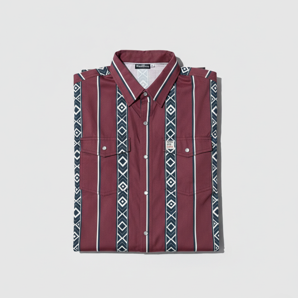 Folded FR cotton maroon shirt with geometric pattern on a light gray background