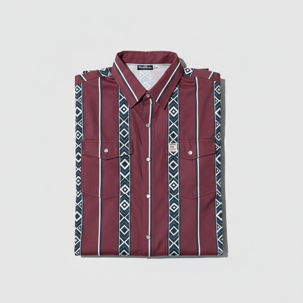 Folded FR cotton maroon shirt with geometric pattern on a light gray background