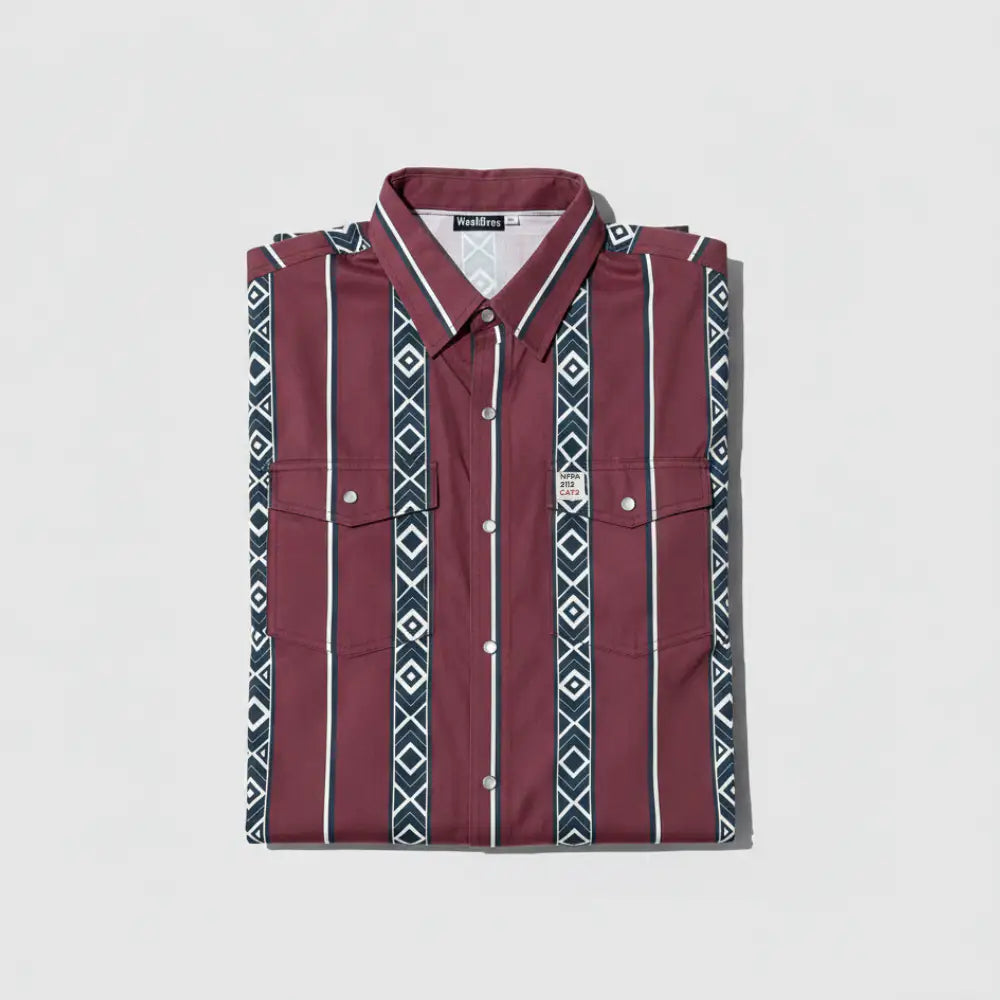 Folded FR cotton maroon shirt with geometric pattern on a light gray background