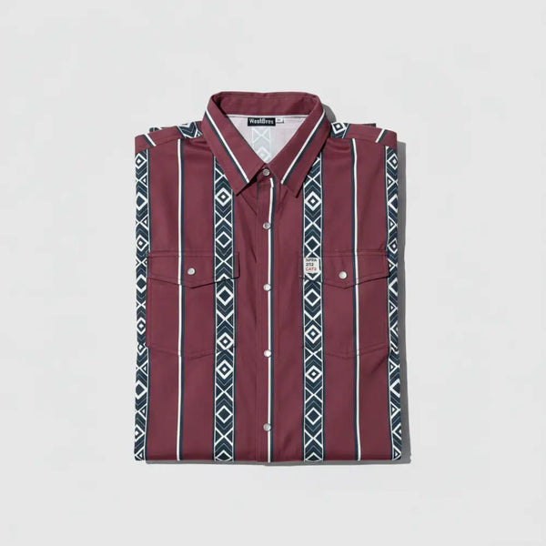 Folded FR cotton maroon shirt with geometric pattern on a light gray background