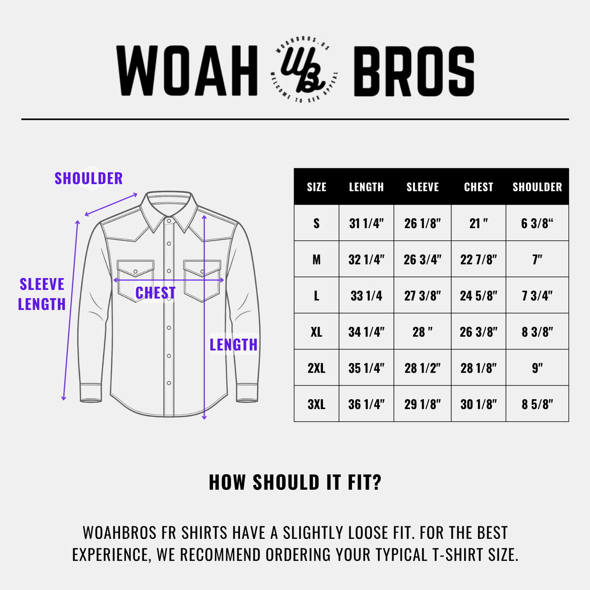 Measurement chart for WOAH Bros shirts with shirt diagram and size guide.