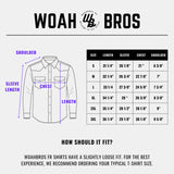 Measurement chart for WOAH Bros shirts with shirt diagram and size guide.