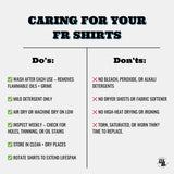 Chart detailing care instructions for FR shirts with 'Do's' and 'Don'ts'.