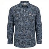 Blue paisley patterned shirt on a white background