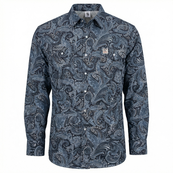 Blue paisley patterned shirt on a white background