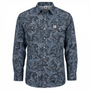 Blue paisley patterned shirt on a white background
