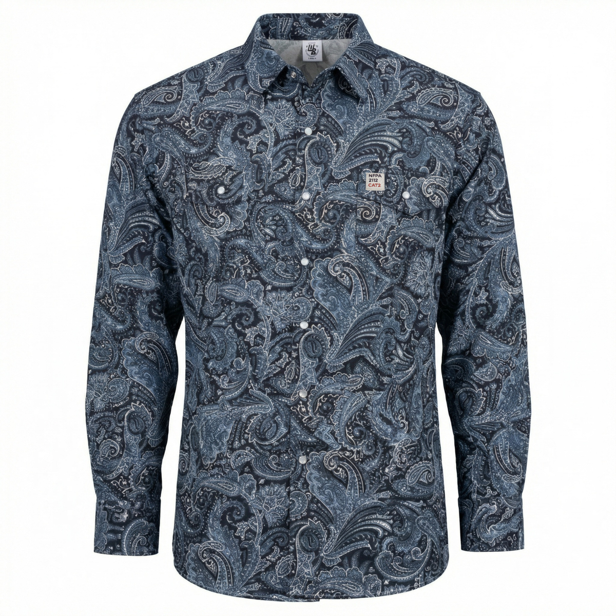 Blue paisley patterned shirt on a white background