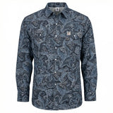 Blue paisley patterned shirt on a white background