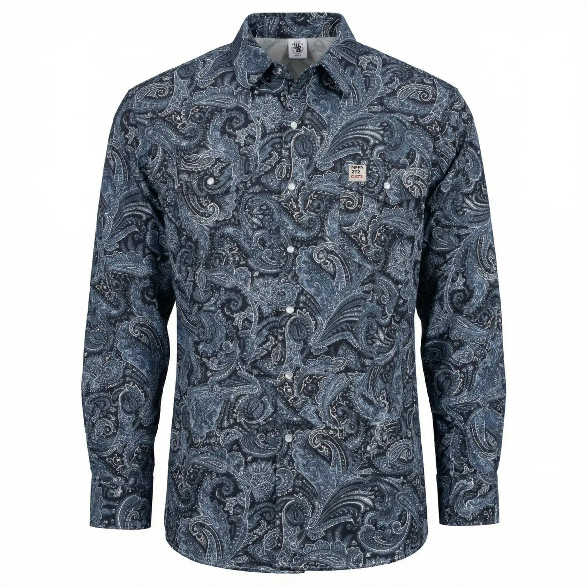 Blue paisley patterned shirt on a white background