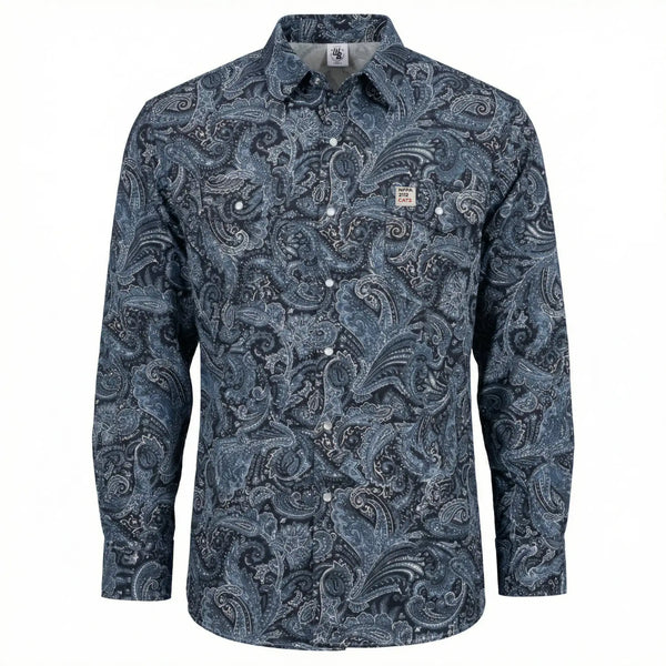 Blue paisley patterned shirt on a white background