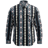 Patterned shirt with a mix of black, white, and red colors on a white background