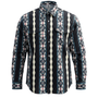 Patterned shirt with a mix of black, white, and red colors on a white background