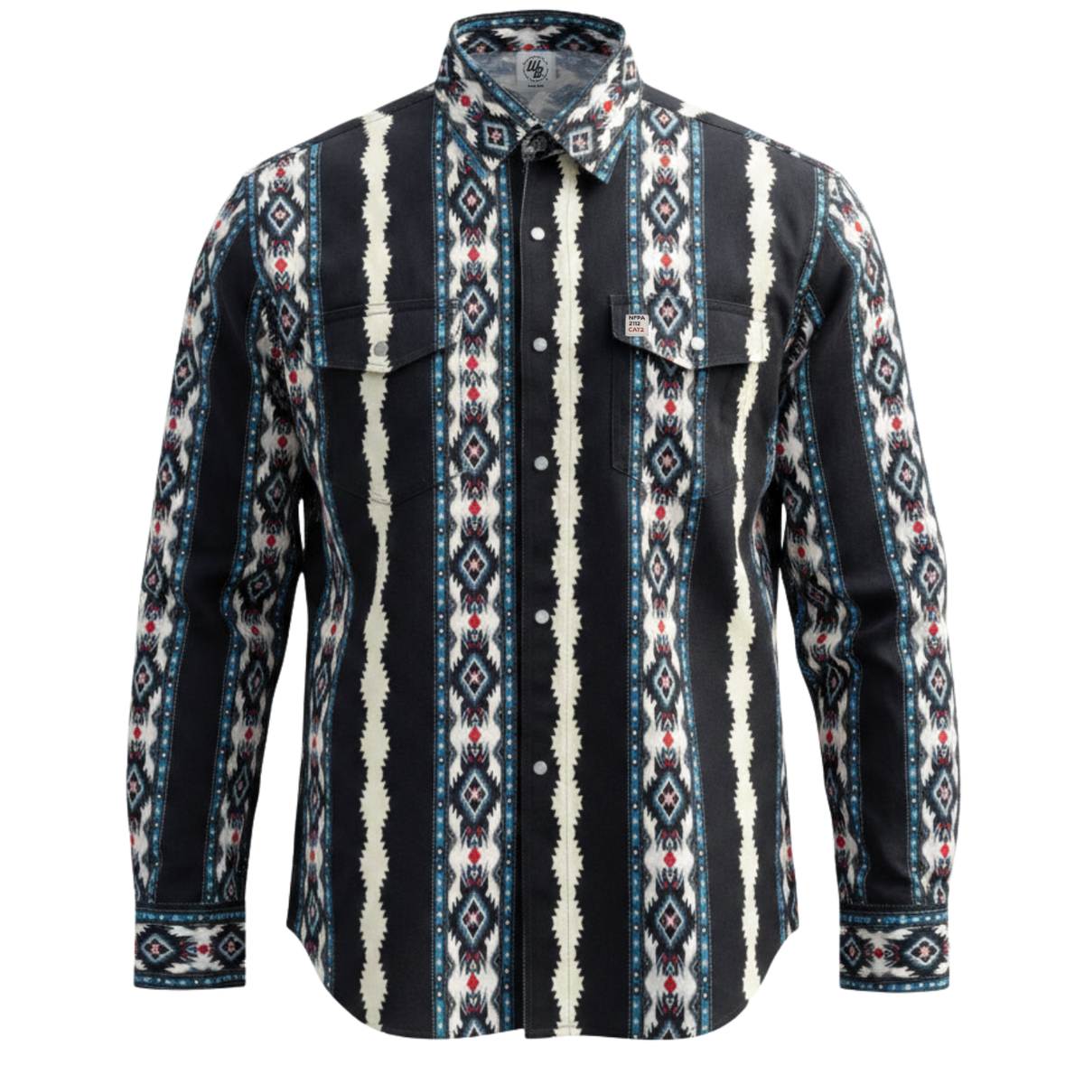 Patterned shirt with a mix of black, white, and red colors on a white background