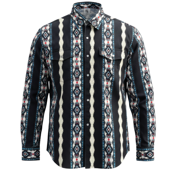 Patterned shirt with a mix of black, white, and red colors on a white background