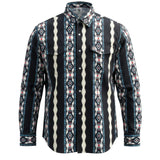 Patterned shirt with a mix of black, white, and red colors on a white background