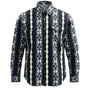 Patterned shirt with a mix of black, white, and red colors on a white background