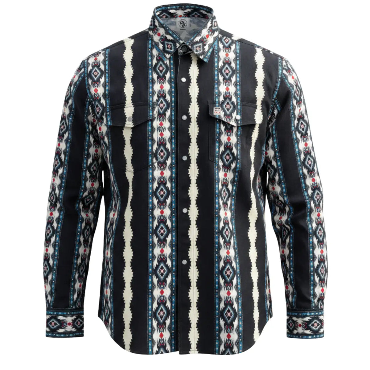 Patterned shirt with a mix of black, white, and red colors on a white background
