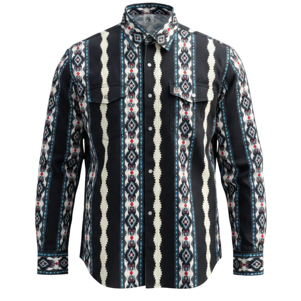 Patterned shirt with a mix of black, white, and red colors on a white background