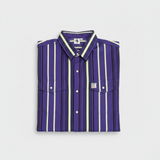 Folded purple and white striped shirt on a light gray background