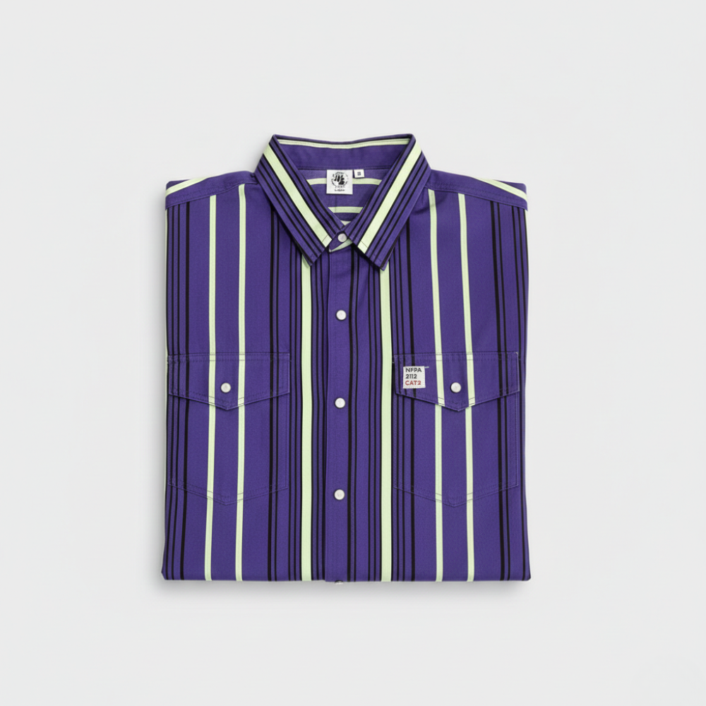 Folded purple and white striped shirt on a light gray background