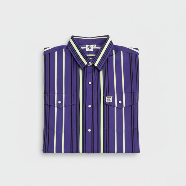 Folded purple and white striped shirt on a light gray background
