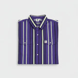 Folded purple and white striped shirt on a light gray background