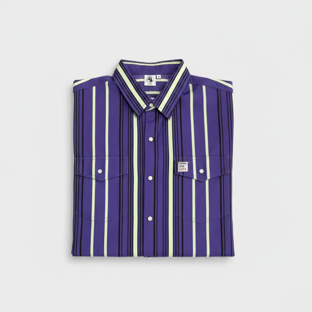 Folded purple and white striped shirt on a light gray background
