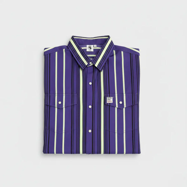 Folded purple and white striped shirt on a light gray background