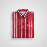 Folded red and white striped shirt on a light gray background