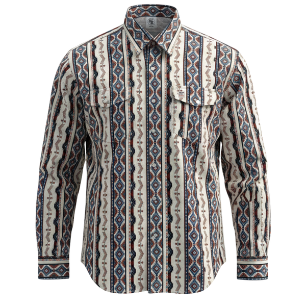 Long-sleeve FR cotton work shirt with a pattern on a white background