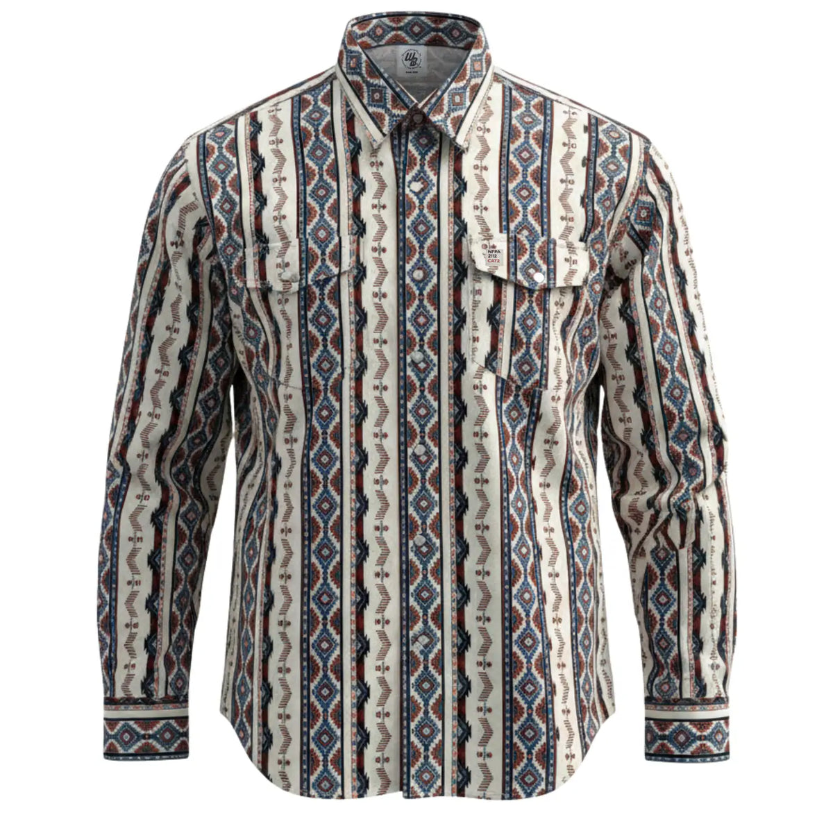 Long-sleeve FR cotton work shirt with a pattern on a white background