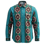 Teal FR work shirt with geometric pattern on a white background