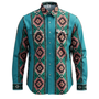 Teal FR work shirt with geometric pattern on a white background