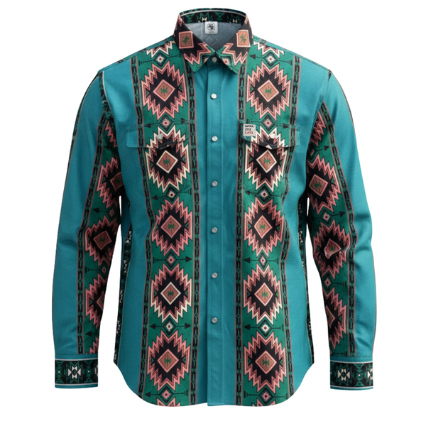 Teal FR work shirt with geometric pattern on a white background